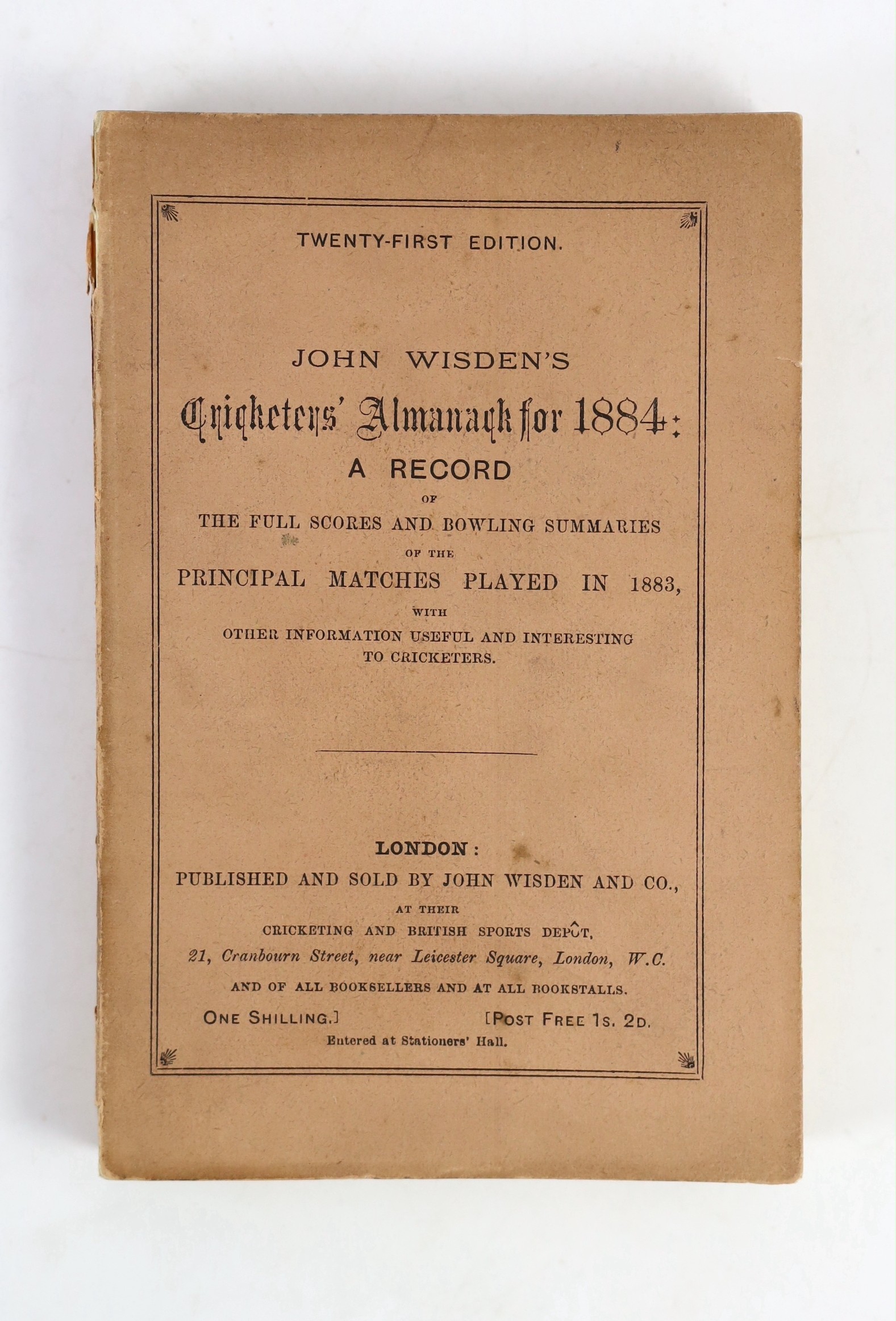 Wisden, John - Cricketers’ Almanack for 1884, 21st edition, original paper wrappers, very minor spotting to early advertisements, title and page edges.